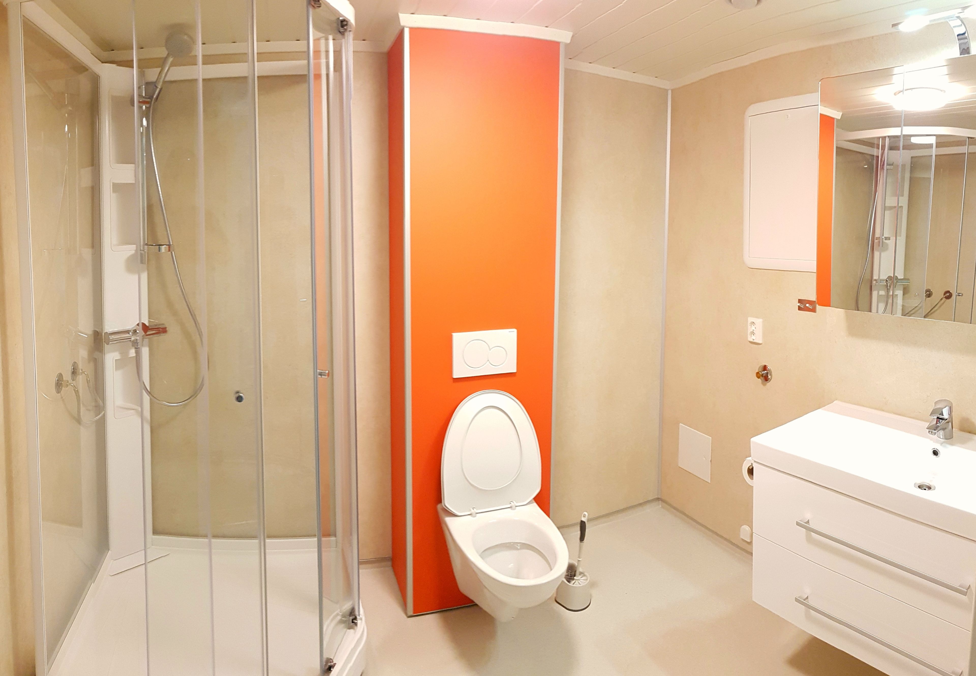 A bathroom with a glass-enclosed shower, a white toilet, and a sink with a mirror above it.
