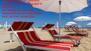 Beach nearby, white sand, sun loungers, beach umbrellas