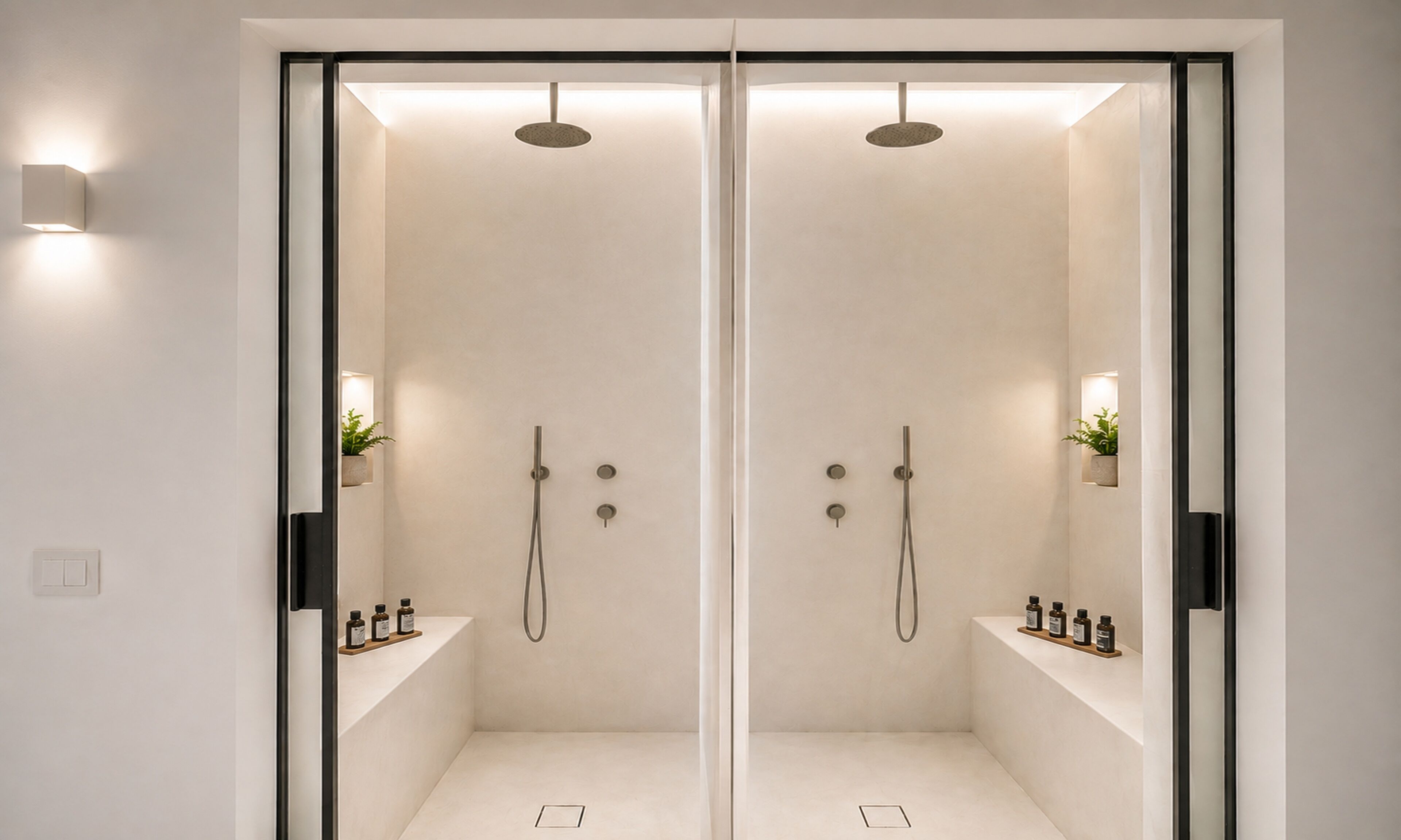 Shower, rainfall showerhead, designer toiletries, hair dryer