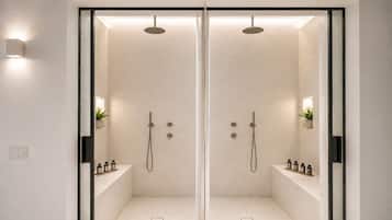 Shower, rainfall showerhead, designer toiletries, hair dryer