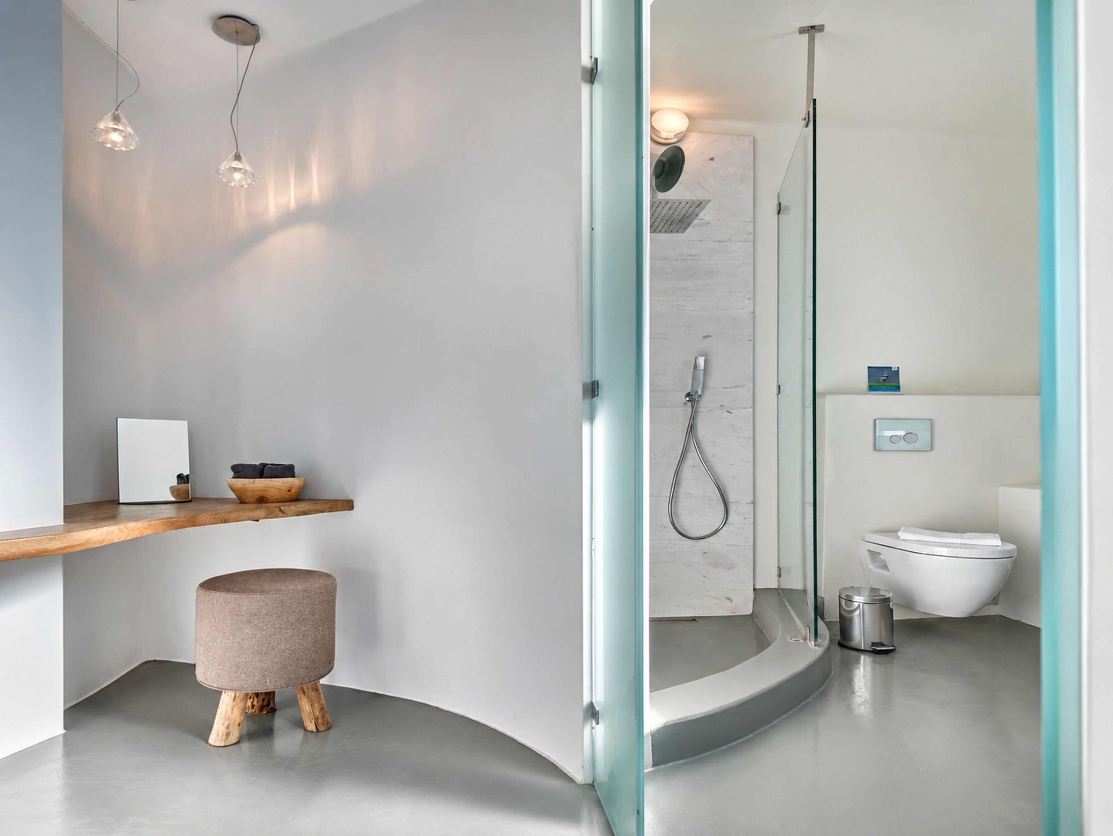 Shower, rainfall showerhead, designer toiletries, hair dryer
