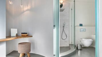 Shower, rainfall showerhead, designer toiletries, hair dryer