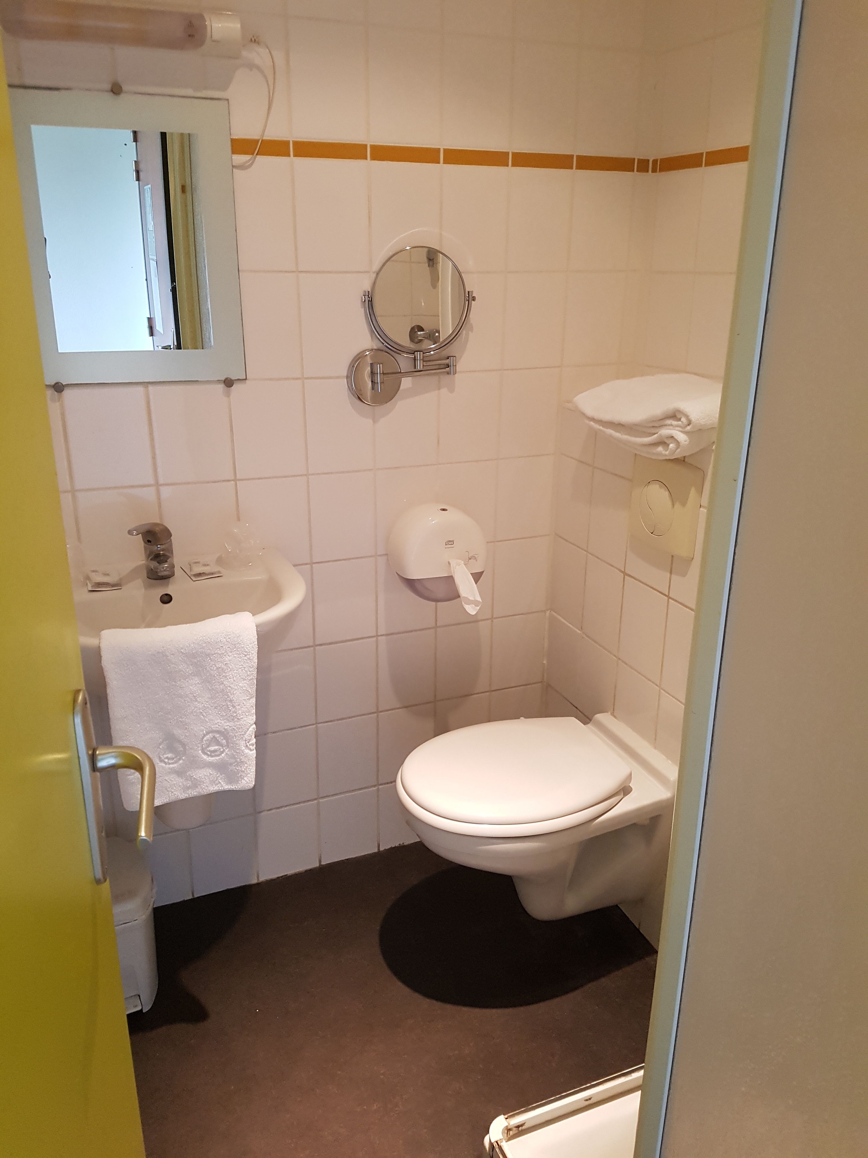 A small bathroom with a toilet, sink, and mirror.