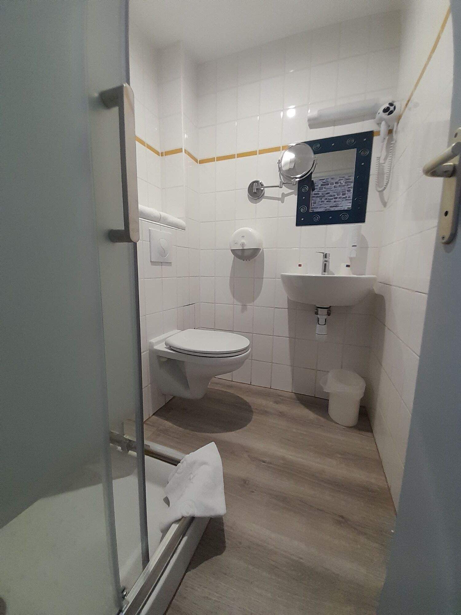 Une salle de bain équipée de toilettes, d’un lavabo et d’une douche à parois en verre.
