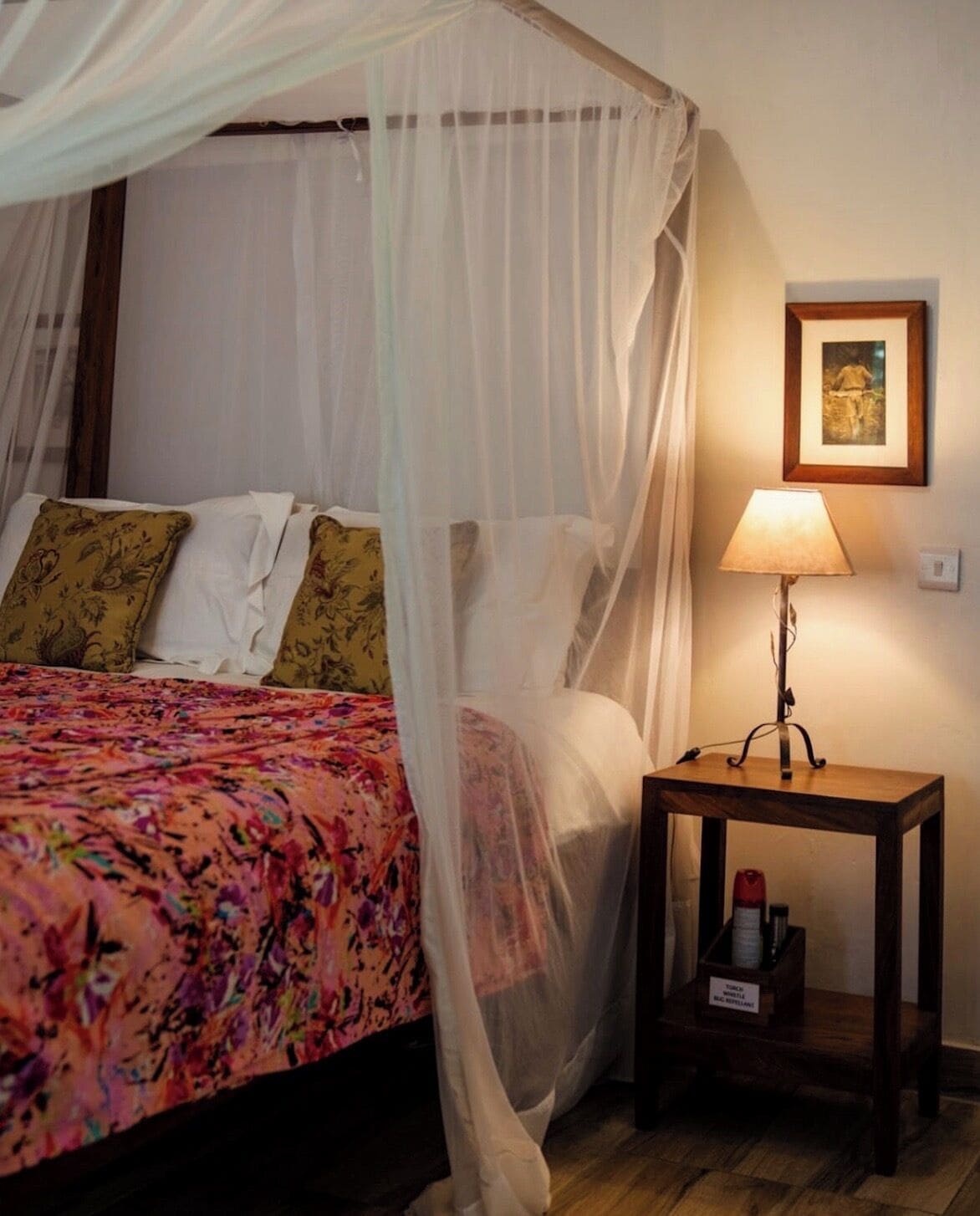 A bed with a colorful floral bedspread, a white canopy, and a bedside table with a lamp and a small storage box.