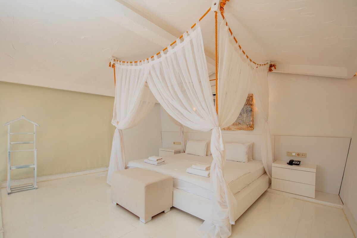 A bedroom with a four-poster canopy bed, a bedside table, a nightstand, and a hanging light fixture.