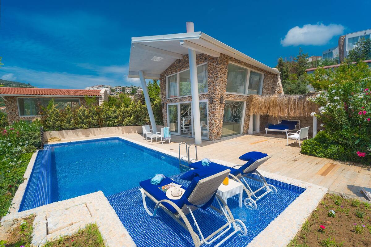 A modern house with a swimming pool, lounge chairs, and a garden.