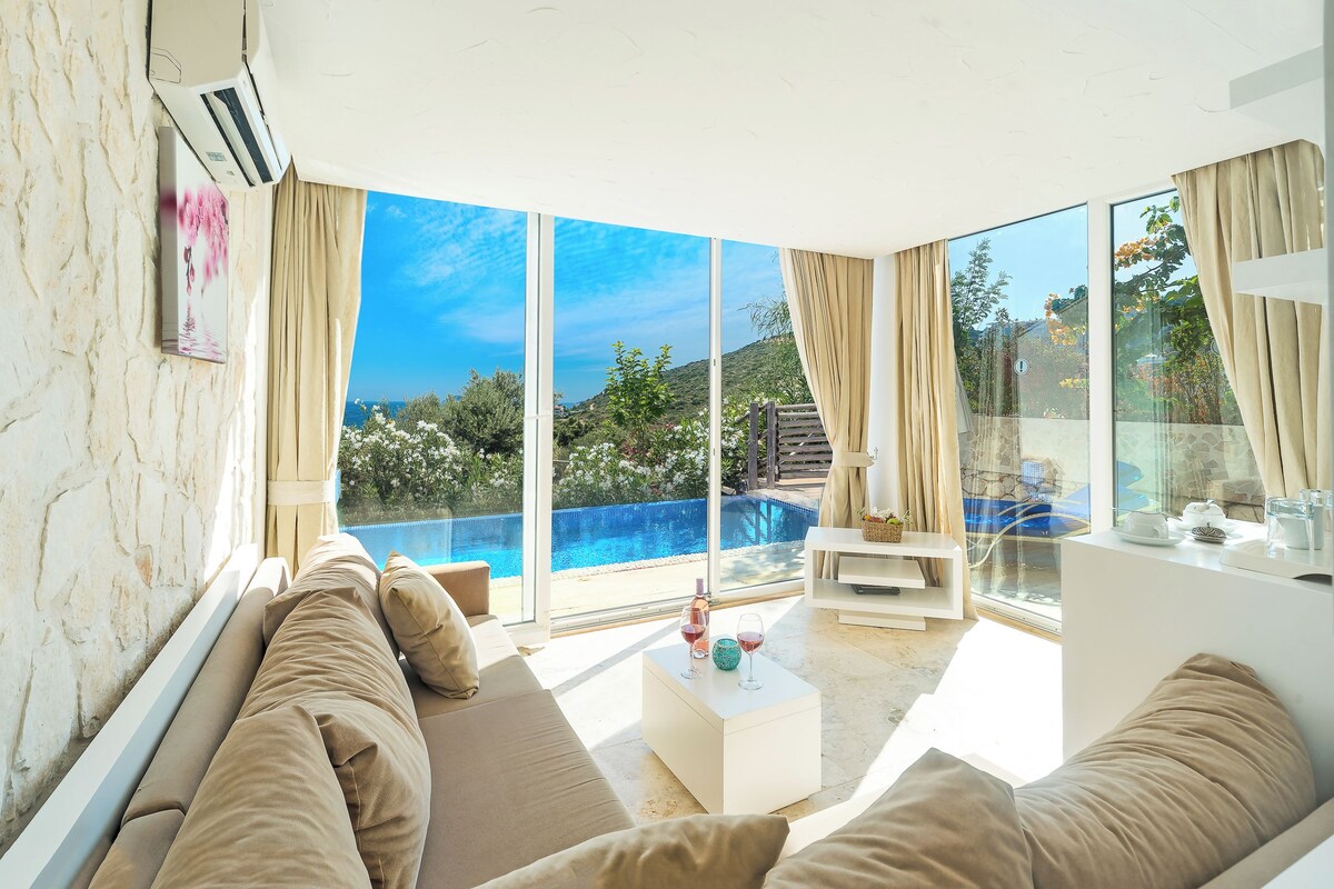 A modern living room with a large window, a sofa, a coffee table, and a pool view.