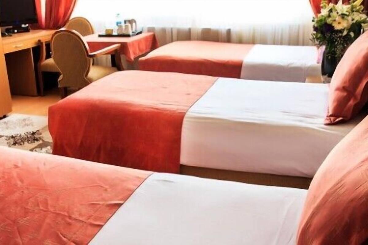 Habitación de hotel con dos camas, un escritorio y una silla.