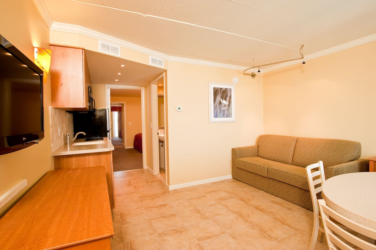 A compact living space with a kitchenette, a sofa, and a dining table.