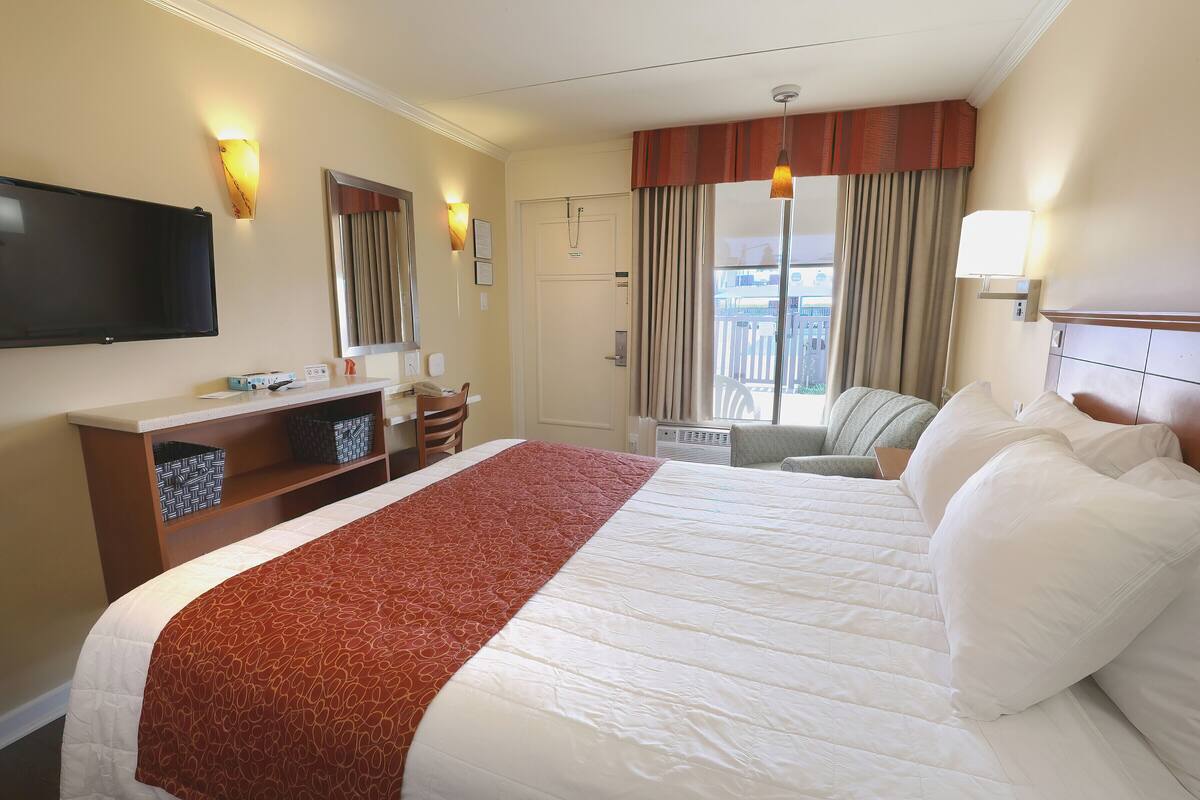 A hotel room with a large bed, a flat-screen TV, a desk with a chair, and a window with curtains.