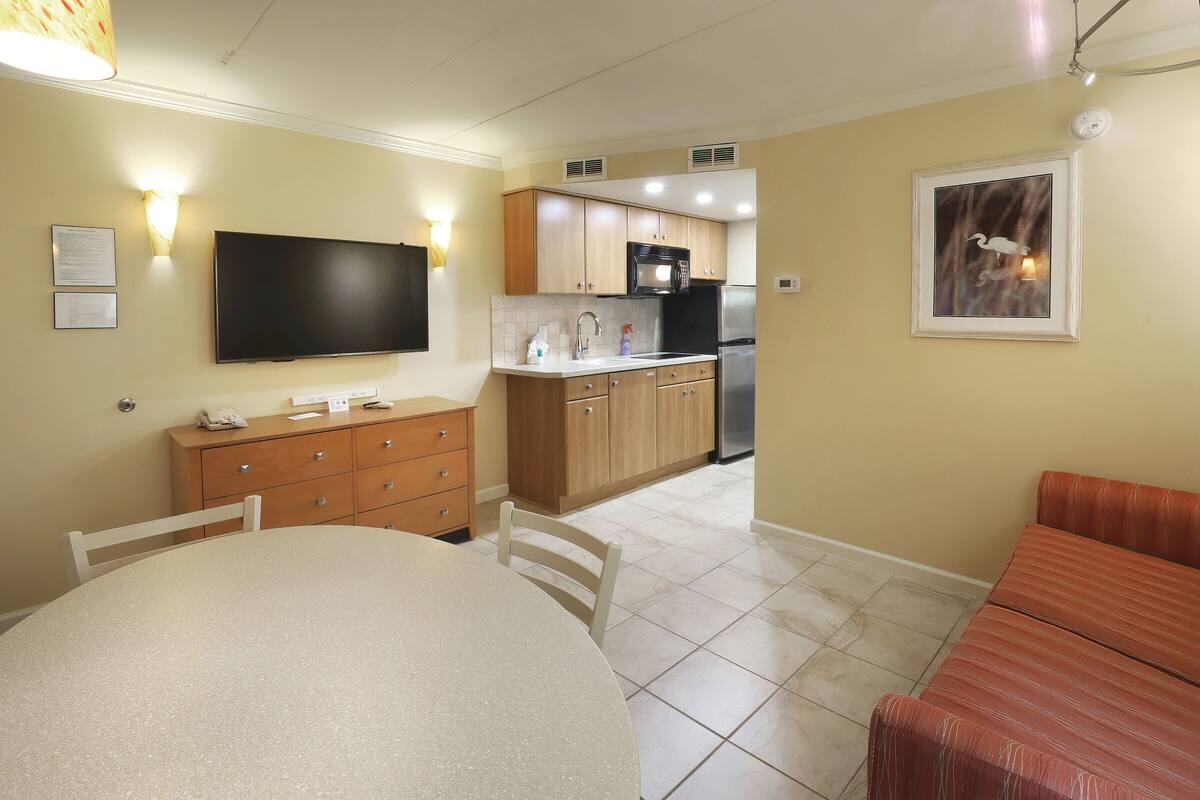 55-inch flat-screen TV with satellite channels, TV