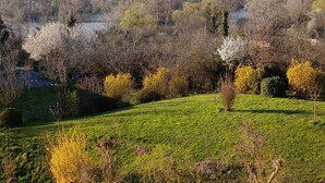 Un parque con césped verde, árboles y una vista distante de una ciudad.