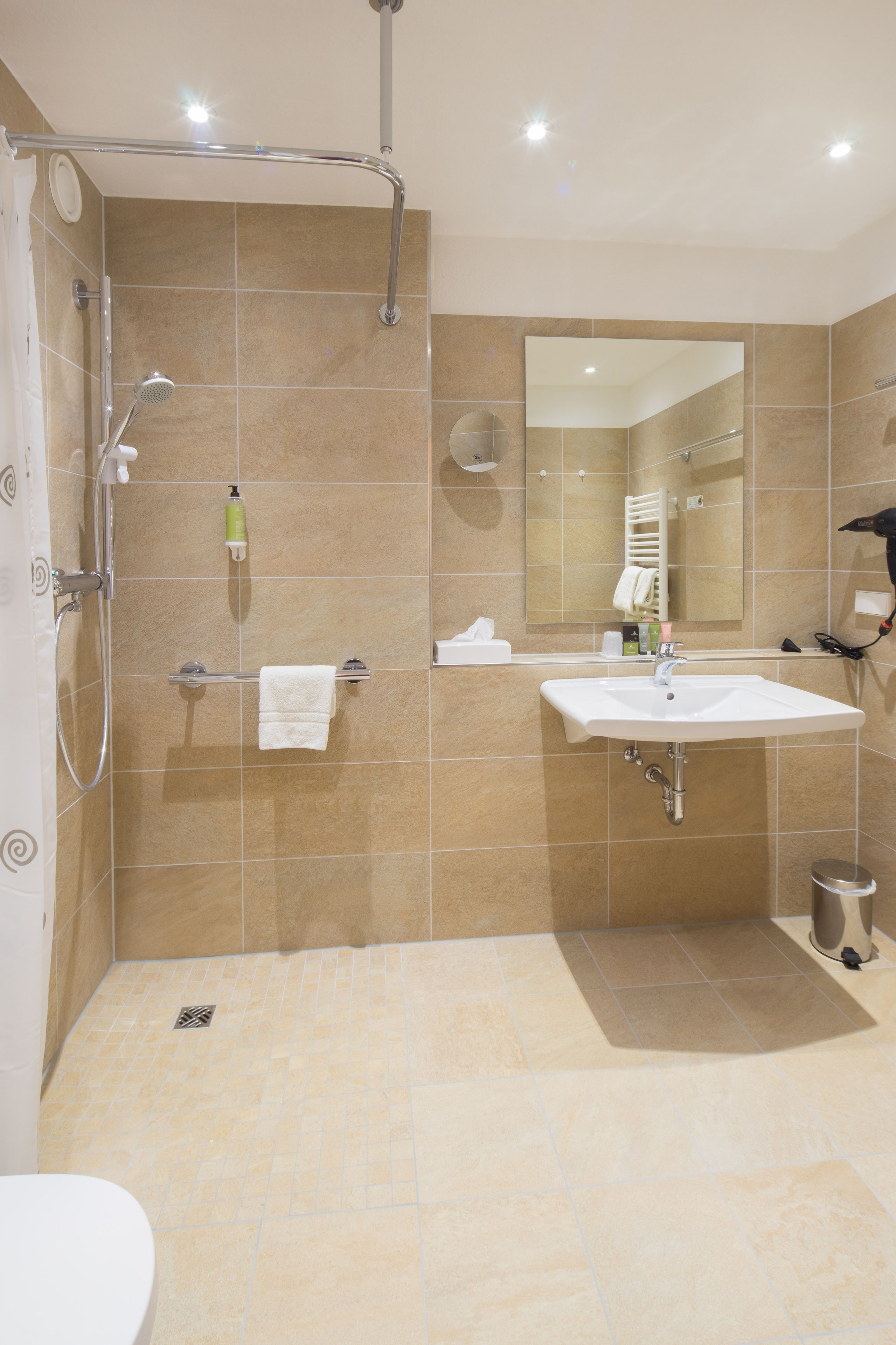 shower, free toiletries, hair dryer, towels