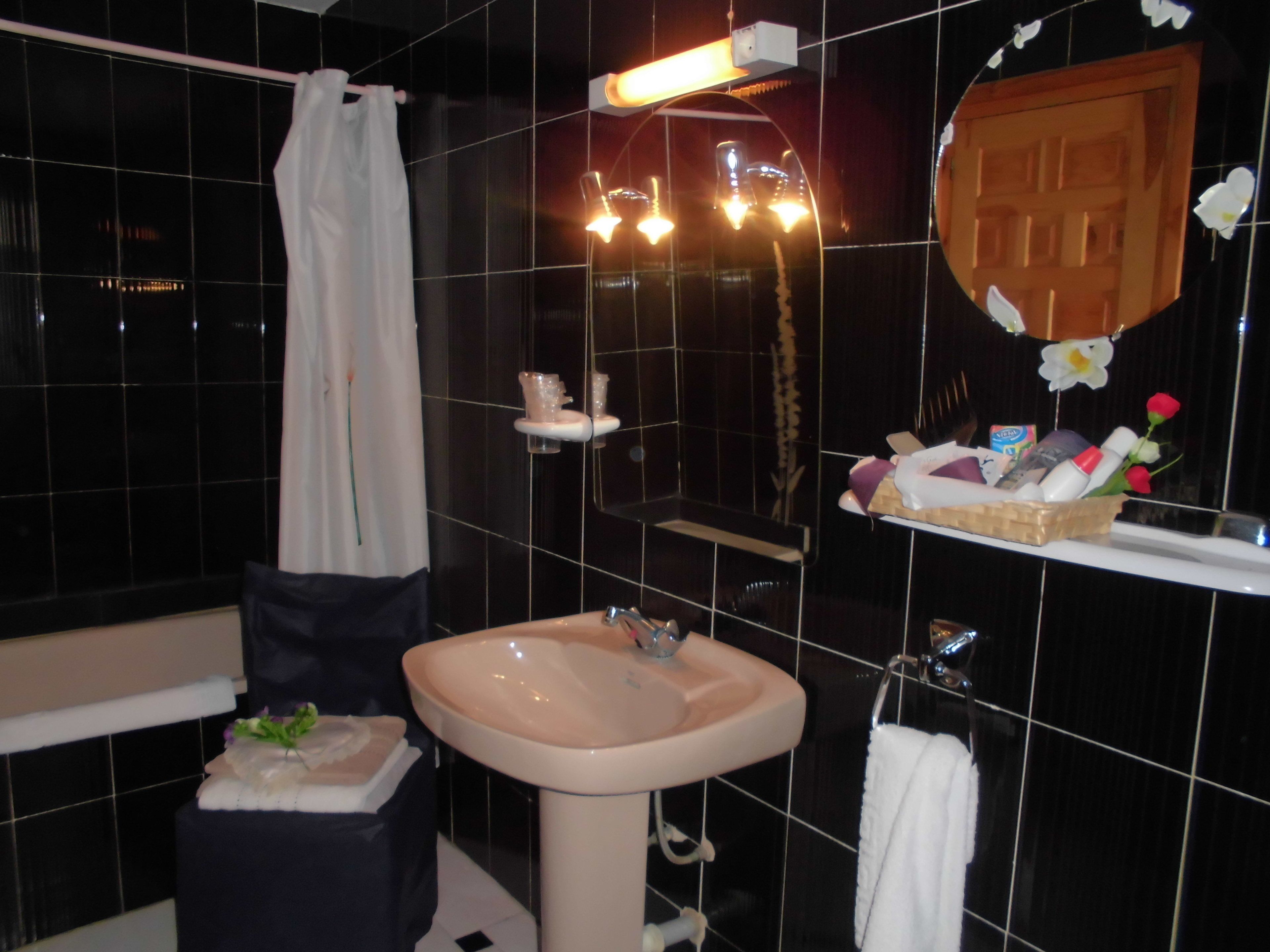 Baño con lavamanos, espejo y zona de ducha.