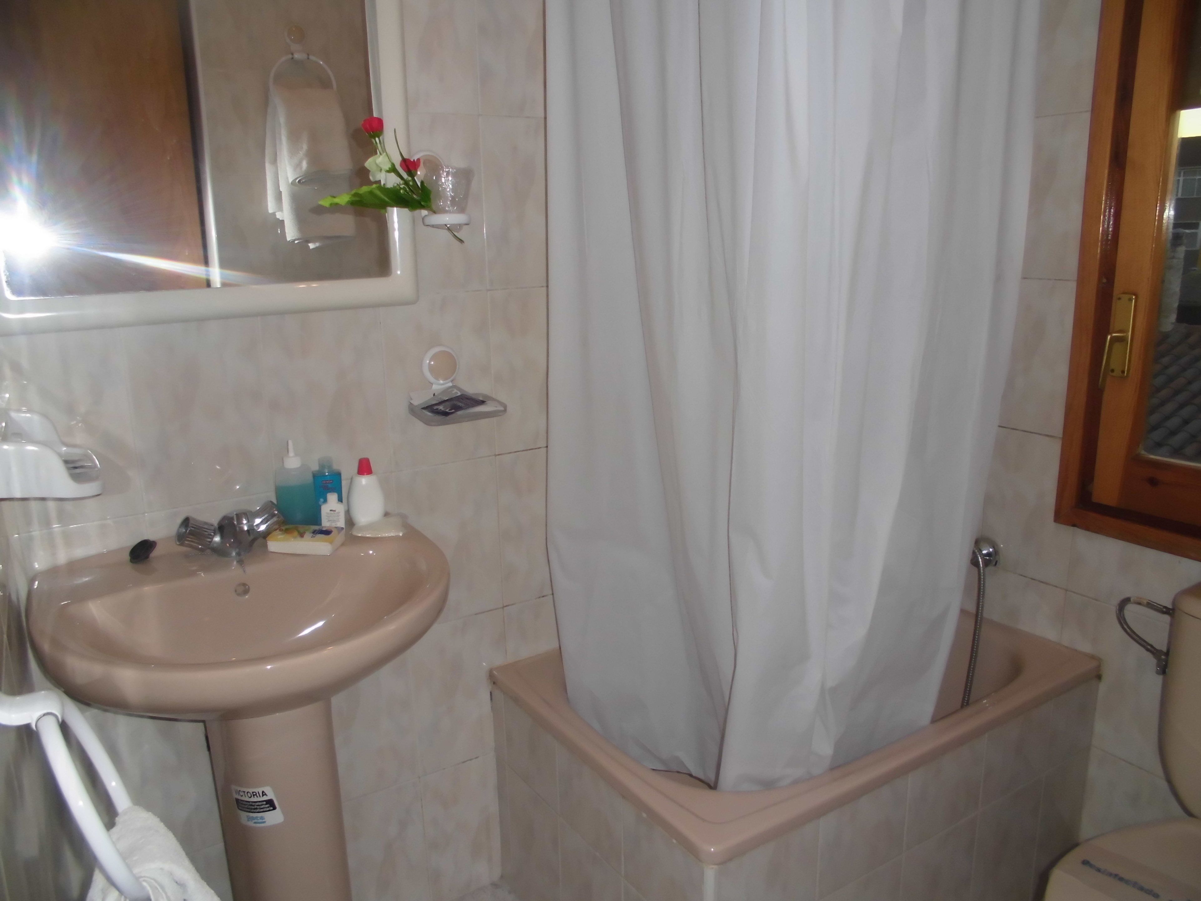 Un baño con lavabo, espejo, cortina de ducha y artículos de aseo.