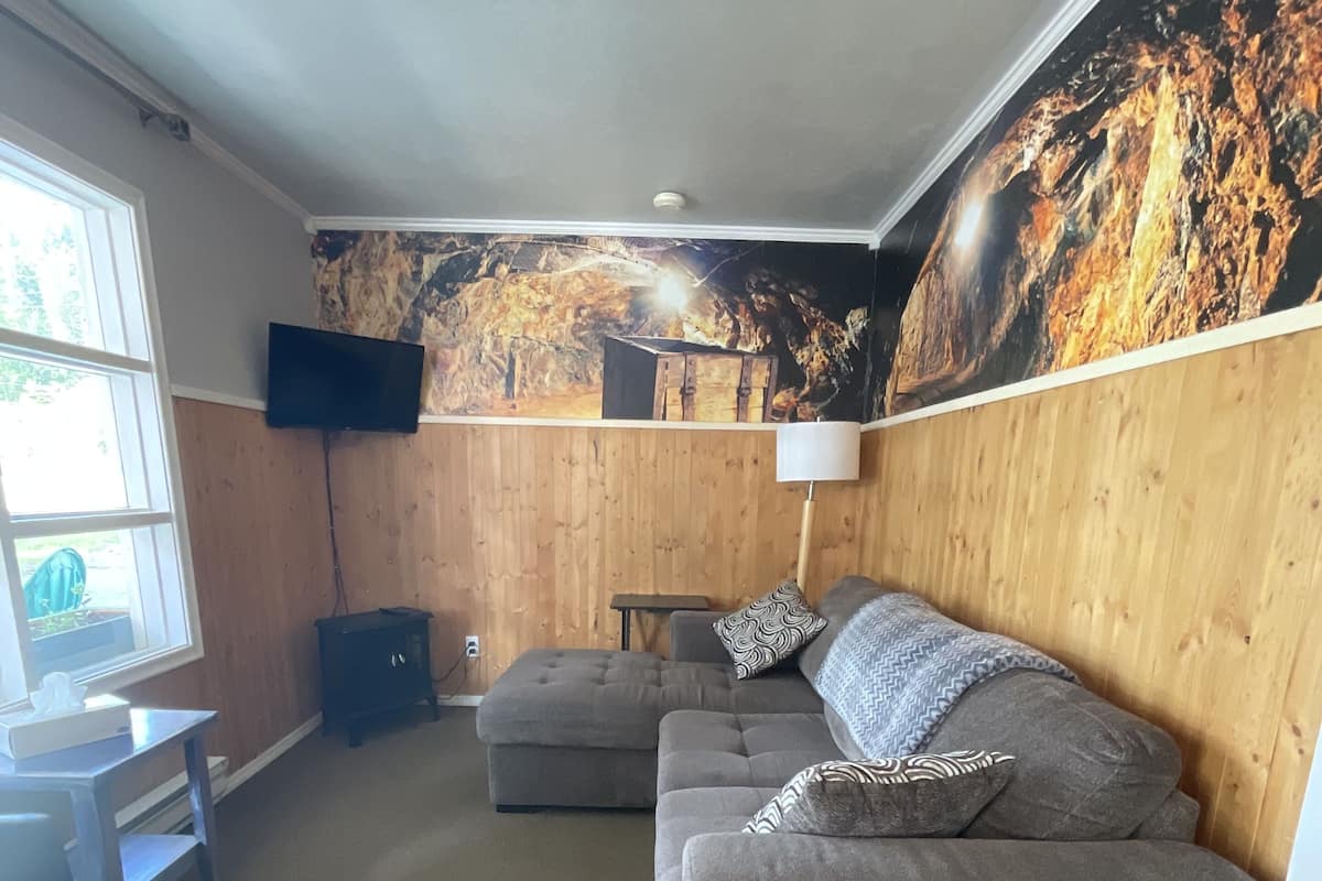 Camera, 1 letto queen con divano letto, angolo cottura | Area soggiorno | TV a schermo piatto 42 pollici con canali via cavo, TV