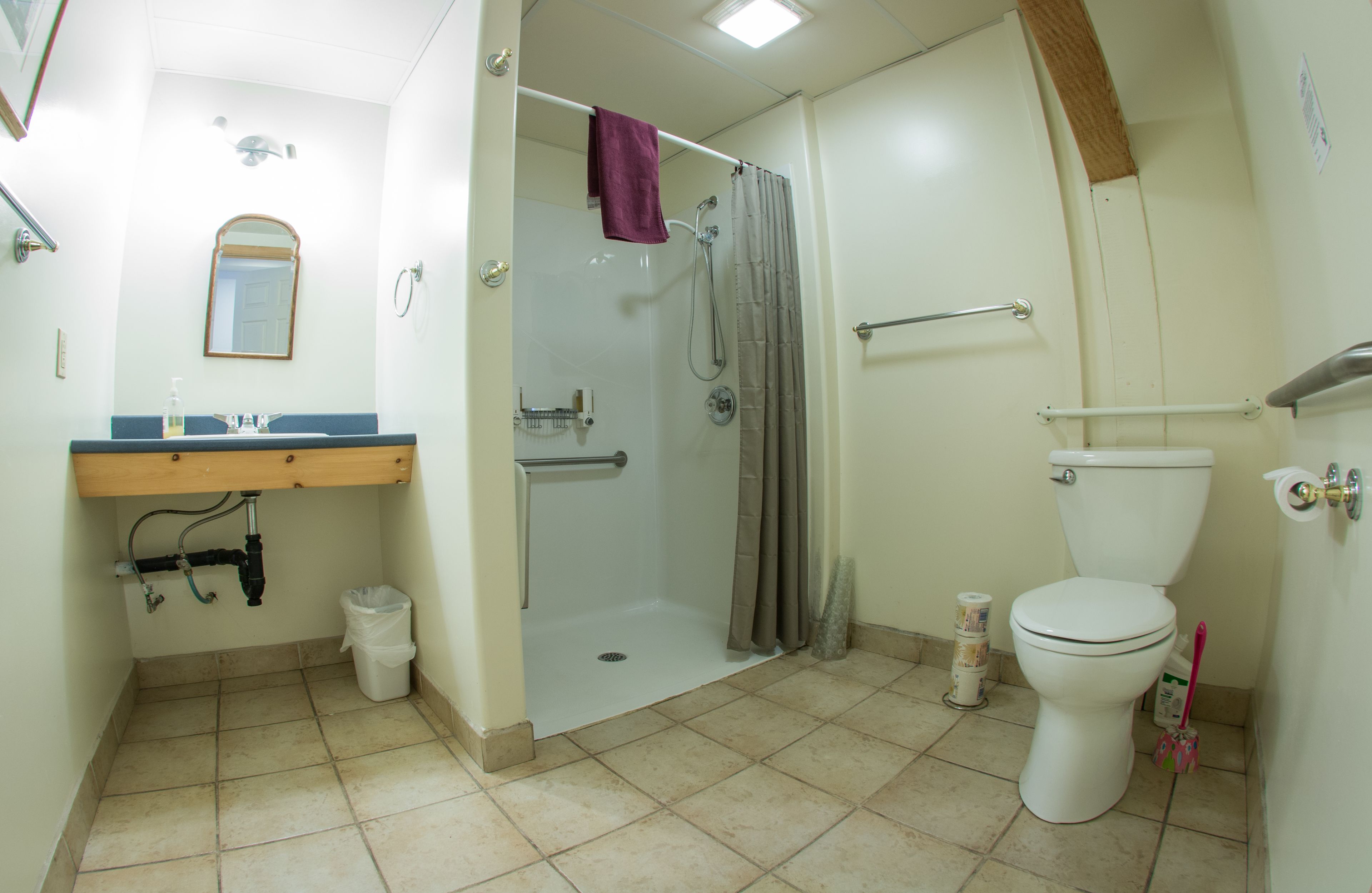 Een badkamer met douche, toilet, wastafel en spiegel.