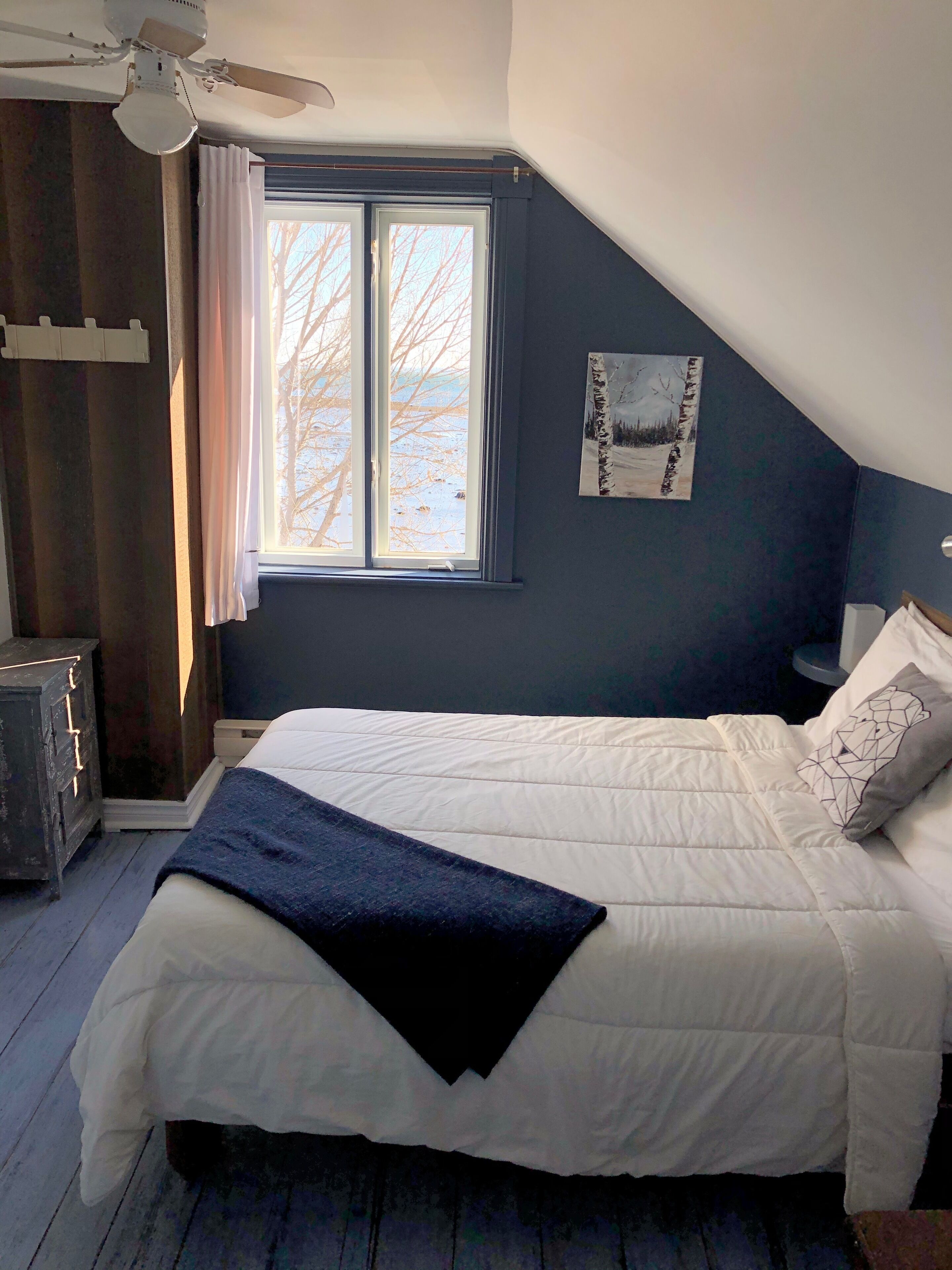 A bedroom with a bed, a ceiling fan, a window with curtains, and a wall-mounted picture.