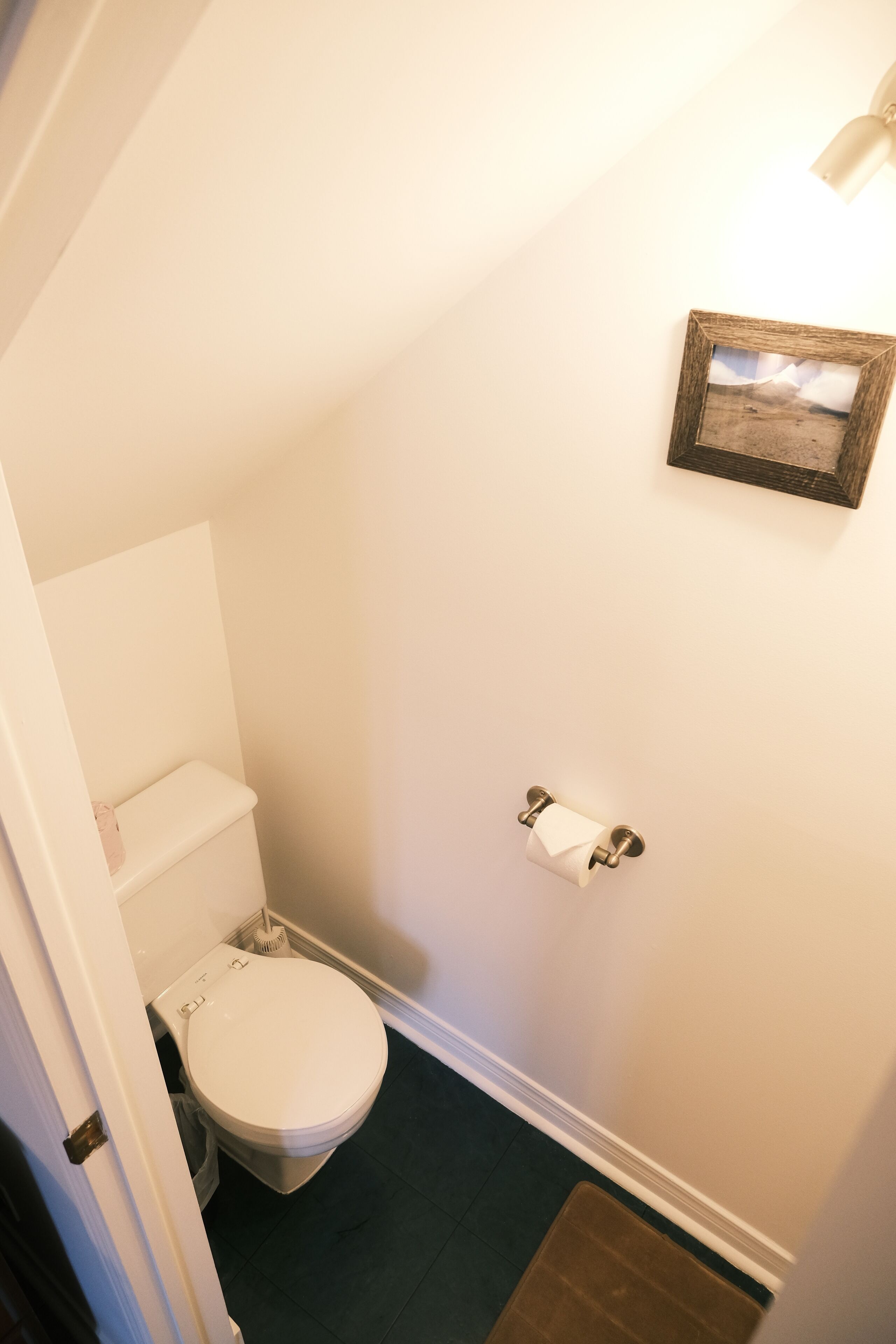 Ein kleines, schmales Badezimmer mit einer weißen Toilette, einer einzigen Toilettenpapierrolle und einem gerahmten Bild an der Wand.