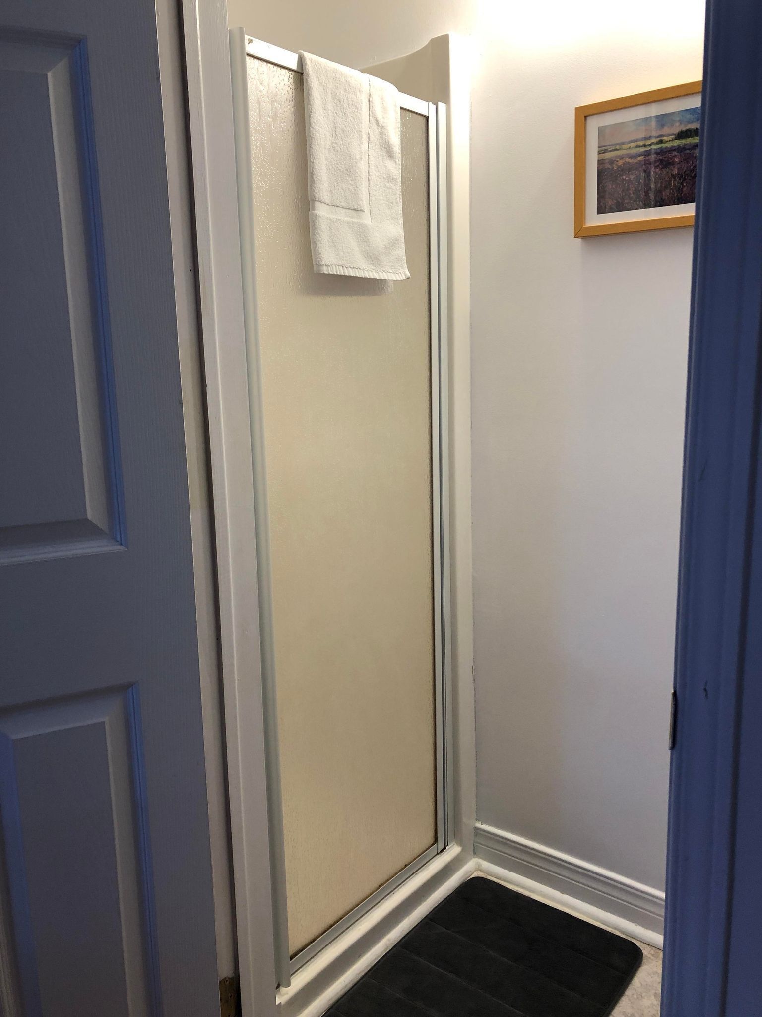 Un baño con puerta de vidrio para la ducha, una toalla blanca colgada en la puerta y un cuadro en la pared.