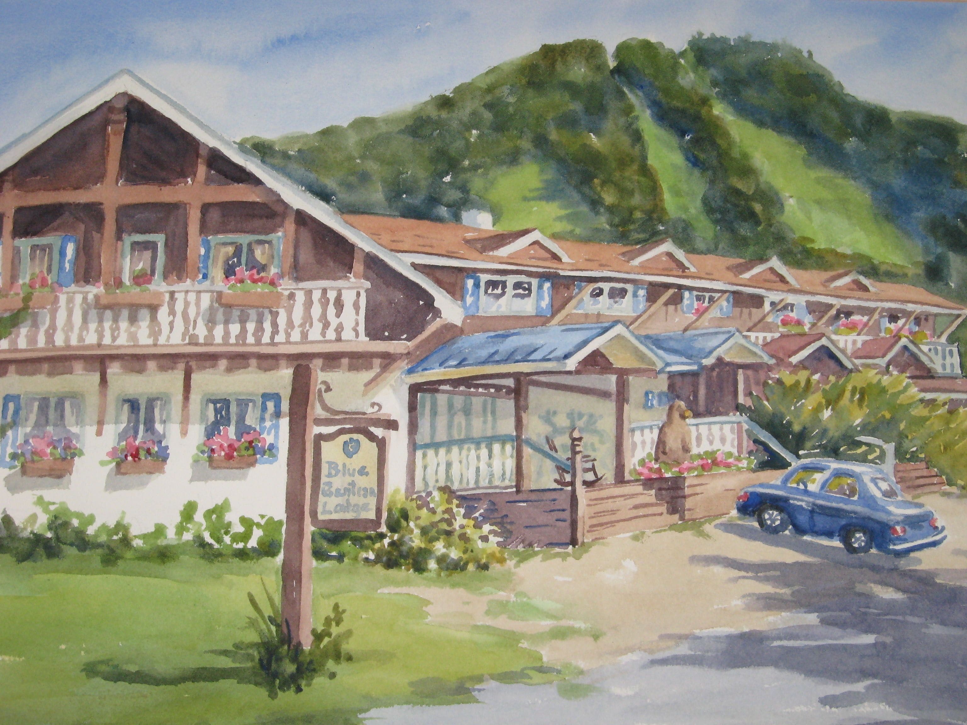 A row of traditional chalet-style buildings with balconies, a sign reading "Blue Berline Lodge," and a parked car in front.