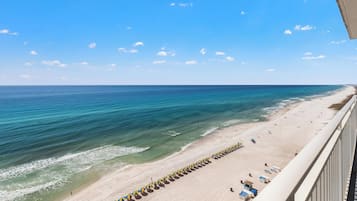 A beach with a clear sky, a sandy shore, and a row of umbrellas.
