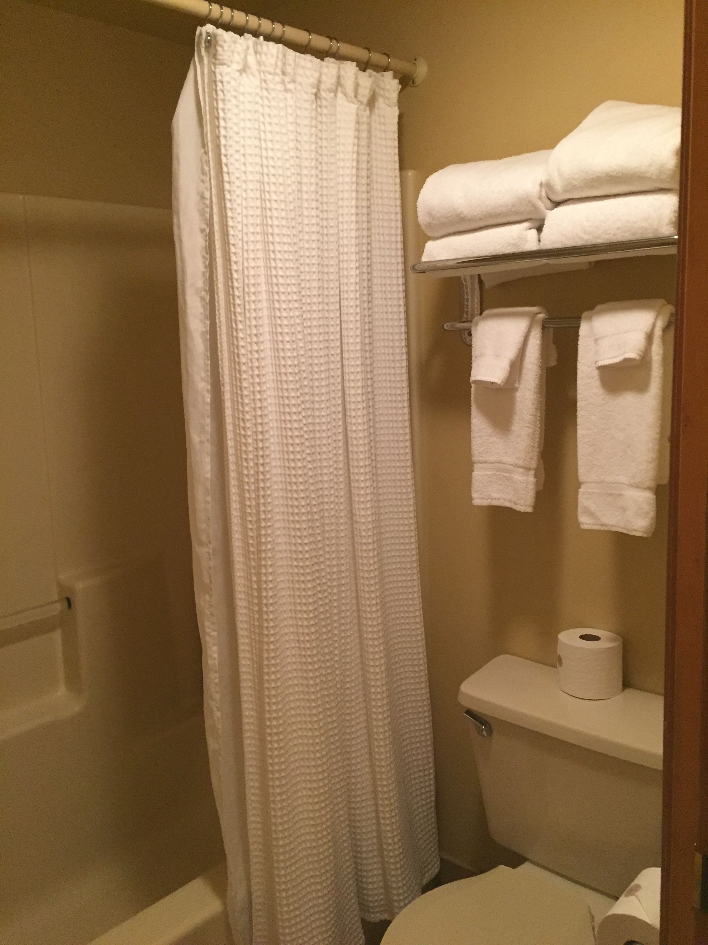 Une salle de bain avec un rideau de douche, des toilettes et une étagère où sont pliées des serviettes.