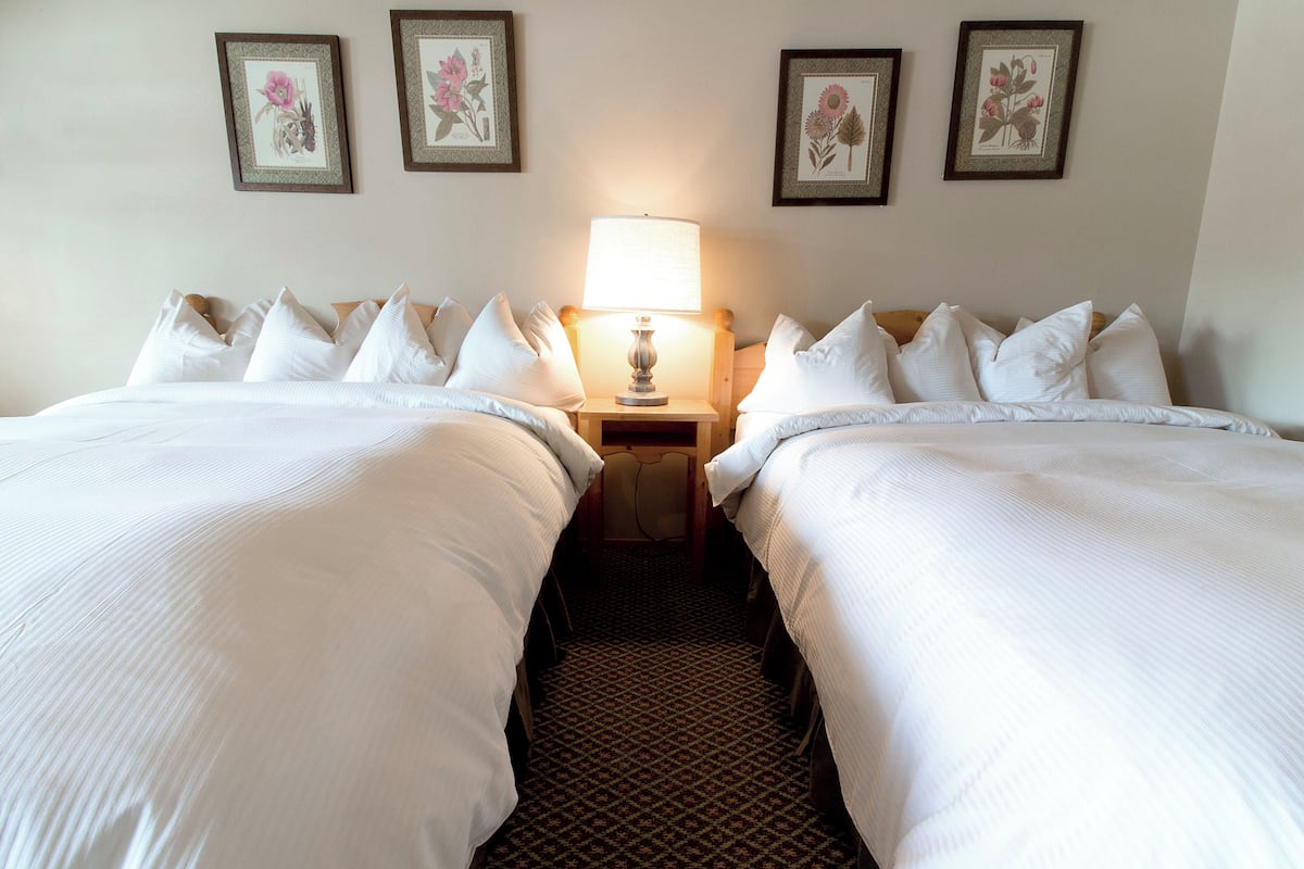 A hotel room with two beds, a nightstand with a lamp, and floral wall art.