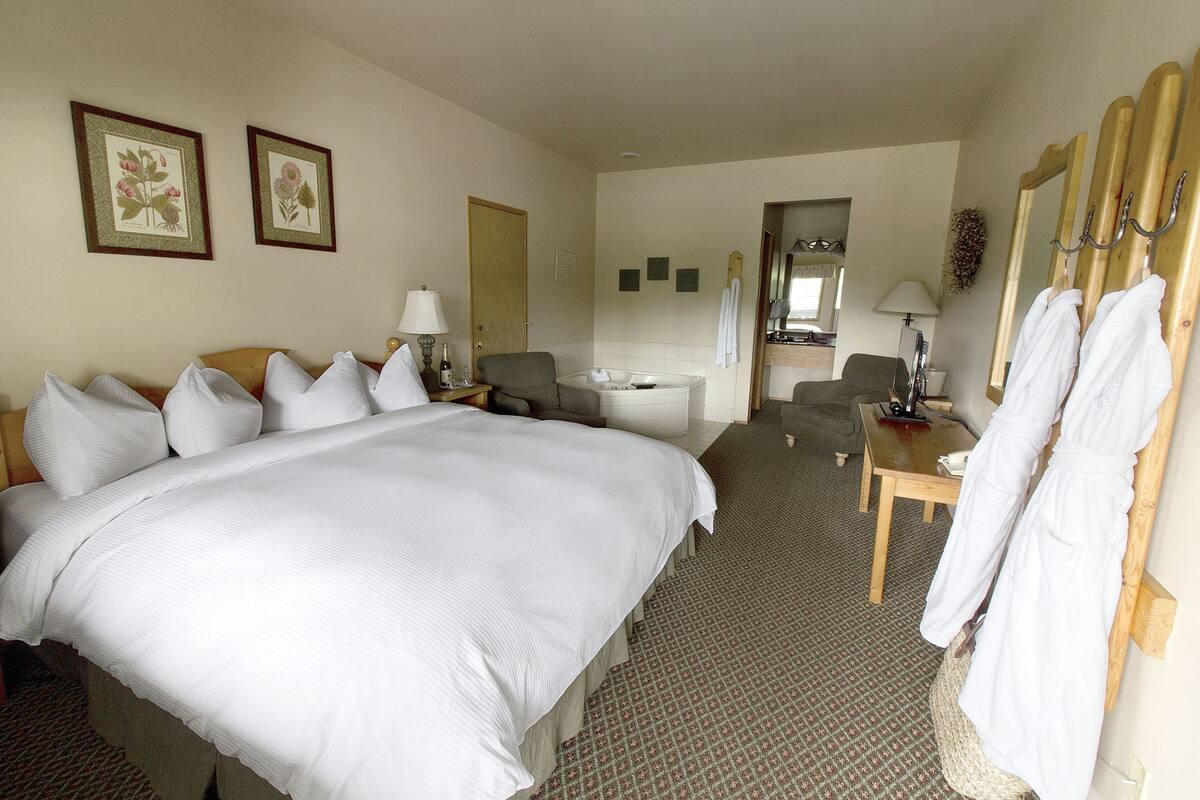 A hotel room with a large bed, a desk, a chair, a mirror, and a robe rack.