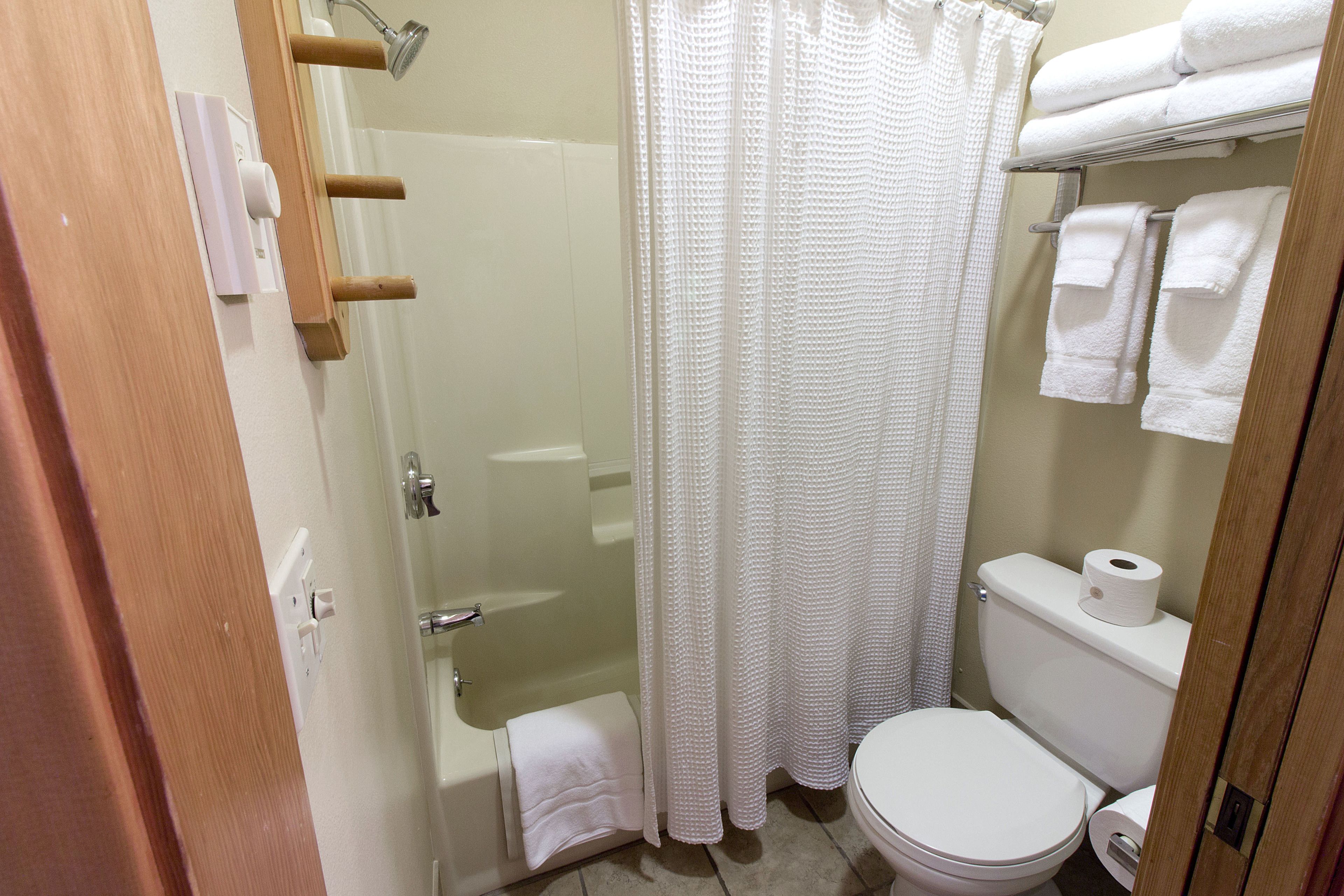 A bathroom with a shower, toilet, and a towel rack.