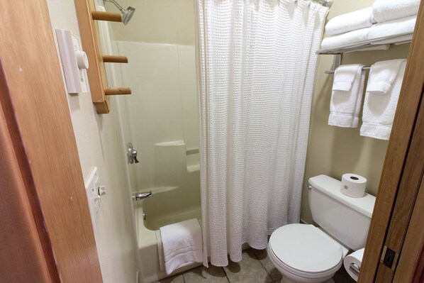Une salle de bain avec une douche, des toilettes et un porte-serviettes.