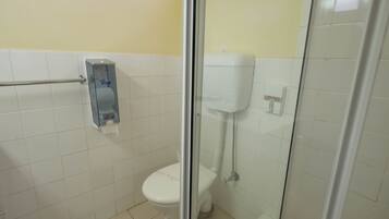 Een kleine, afgesloten badkamer met een toilet, een handdroger en een douchecabine van glas.