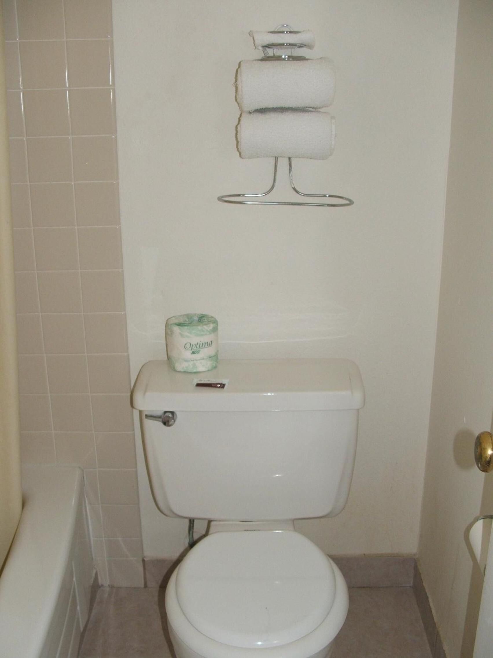 A bathroom with a toilet, a roll of toilet paper, and a towel rack with two towels.