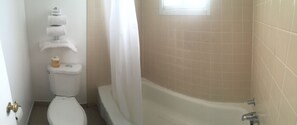 Une salle de bain comprenant des toilettes, une douche et une baignoire.