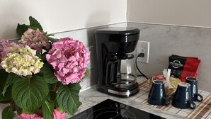 A kitchen with a coffee maker, a plant, and a countertop. - Slumber Lodge Motel (Hope)