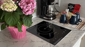 Kahden hengen huone, 2 keskisuurta parisänkyä | Yksityinen keittiö | Jääkaappi, mikroaaltouuni, uuni, kahvin-/teenkeitin