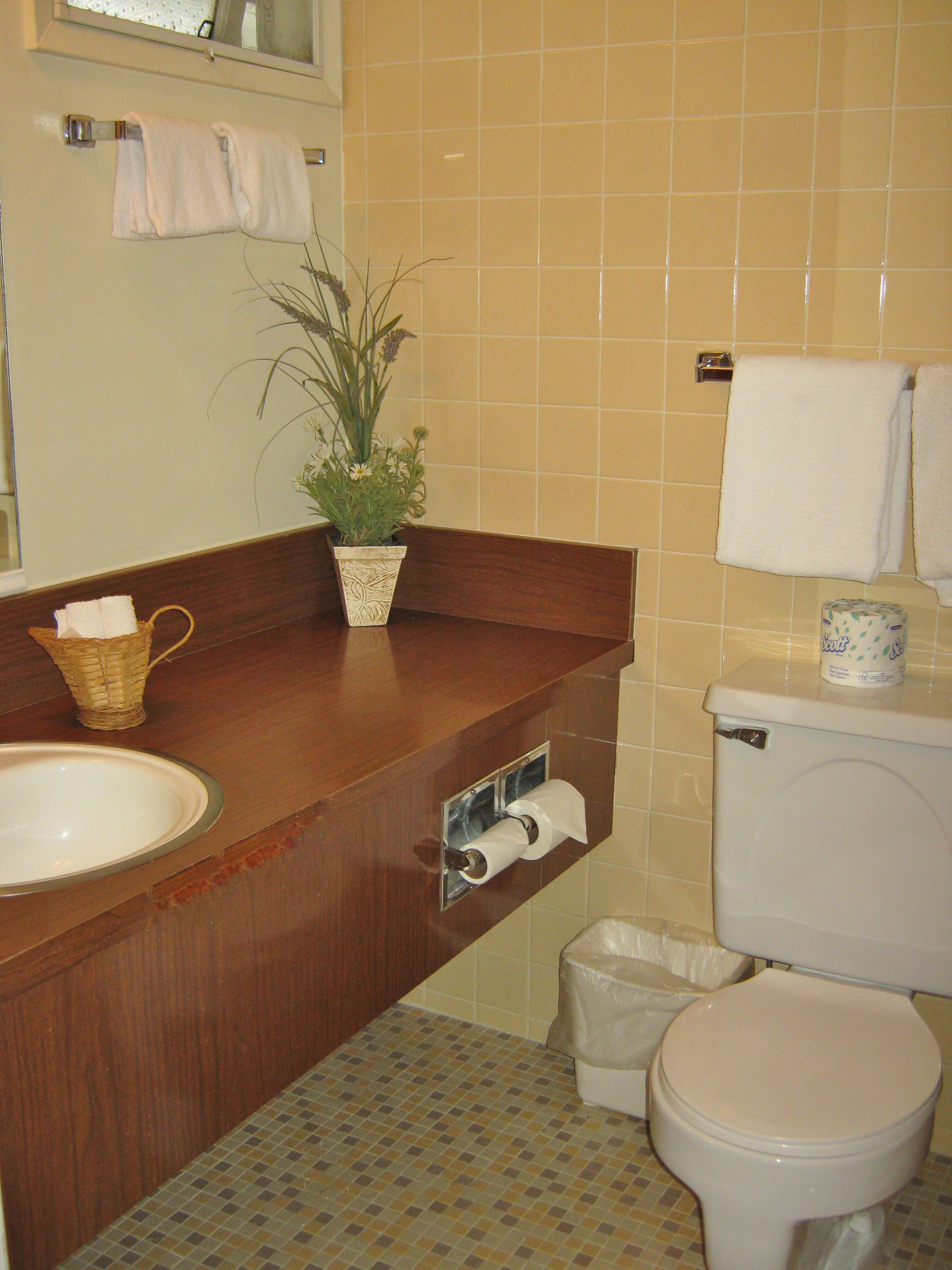 Une salle de bain avec un meuble-lavabo en bois, un évier, des toilettes et une petite plante en pot.