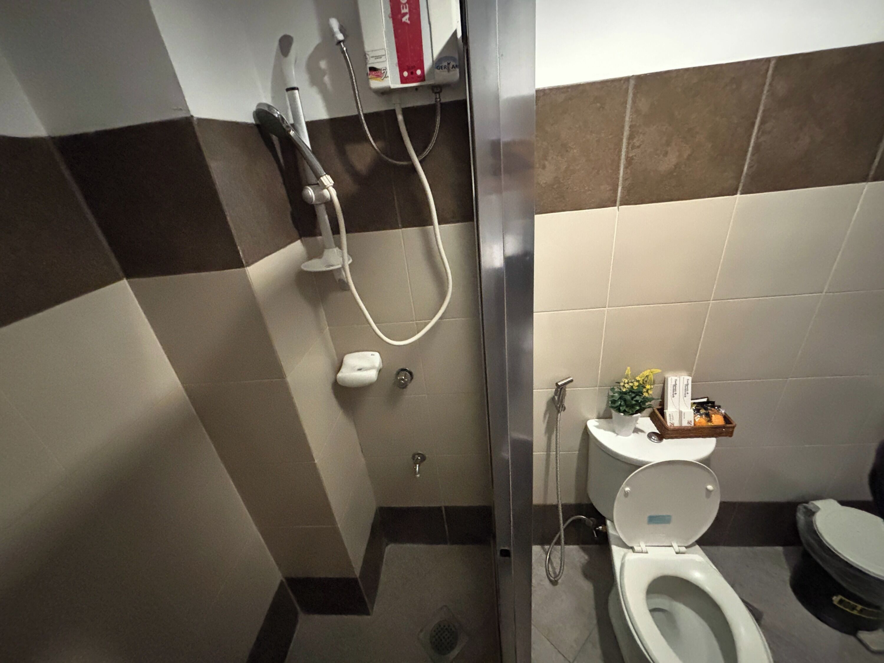 A bathroom with a shower, toilet, and a small shelf with toiletries.
