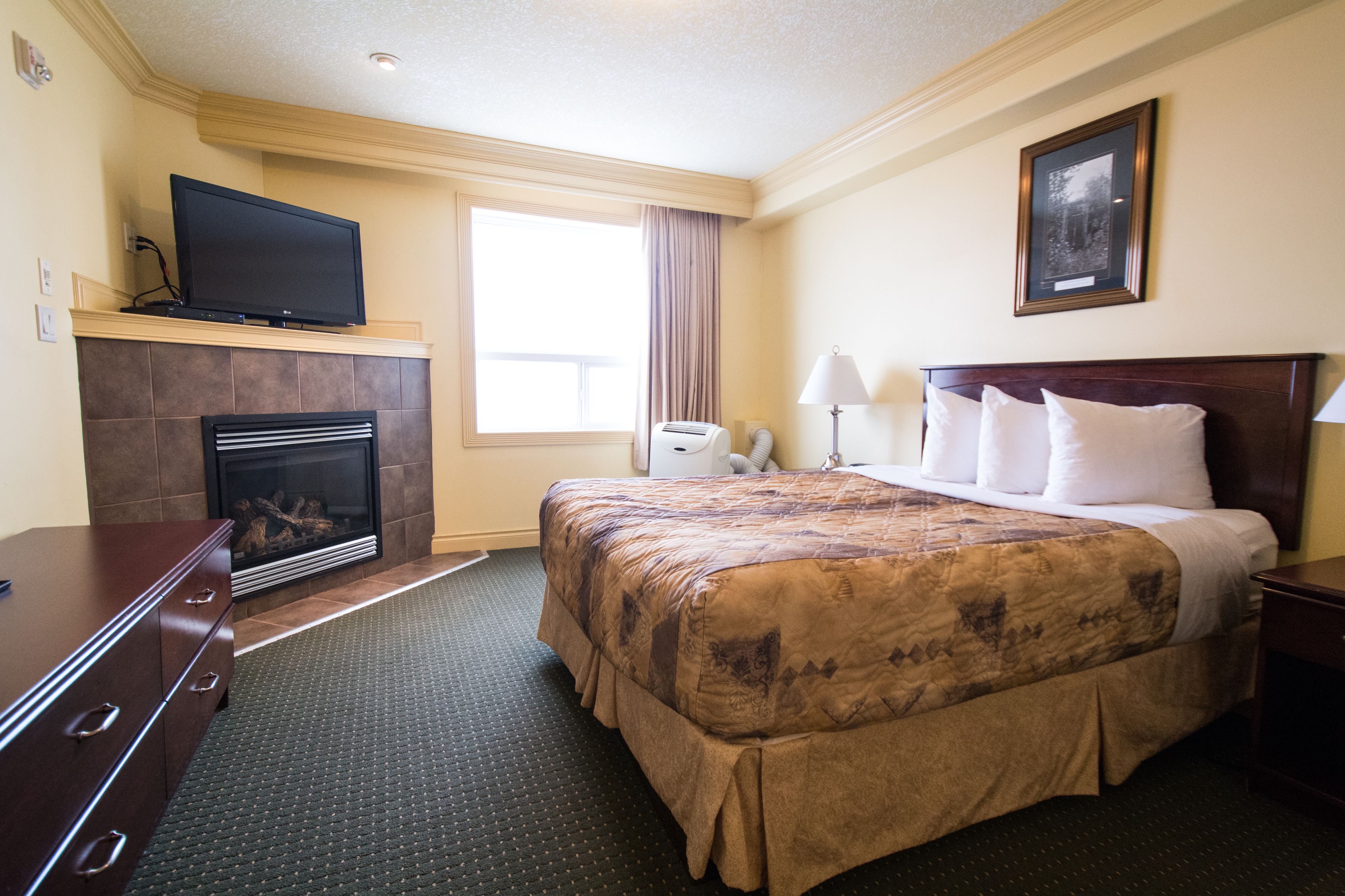 Una habitación de hotel con una cama grande, un televisor sobre un mueble, una chimenea, una ventana con cortinas, una mesita de noche con una lámpara y un cuadro enmarcado en la pared.
