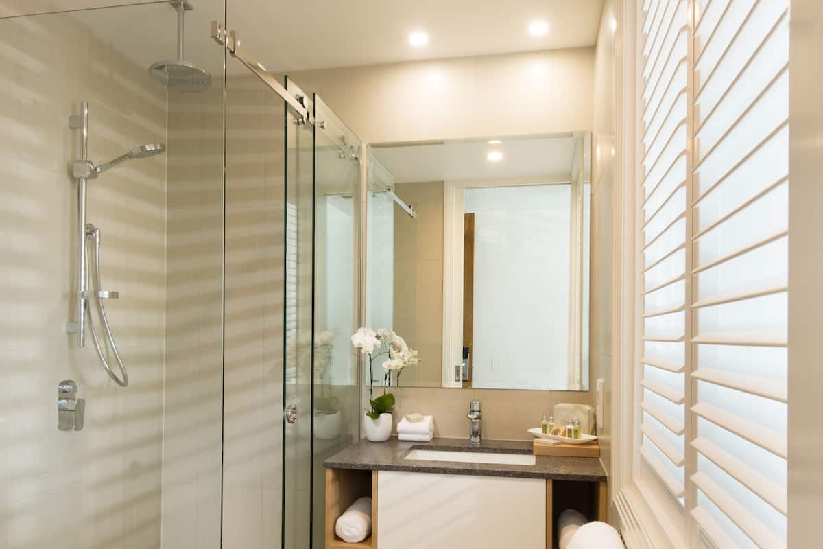 designer toiletries, hair dryer, towels, soap