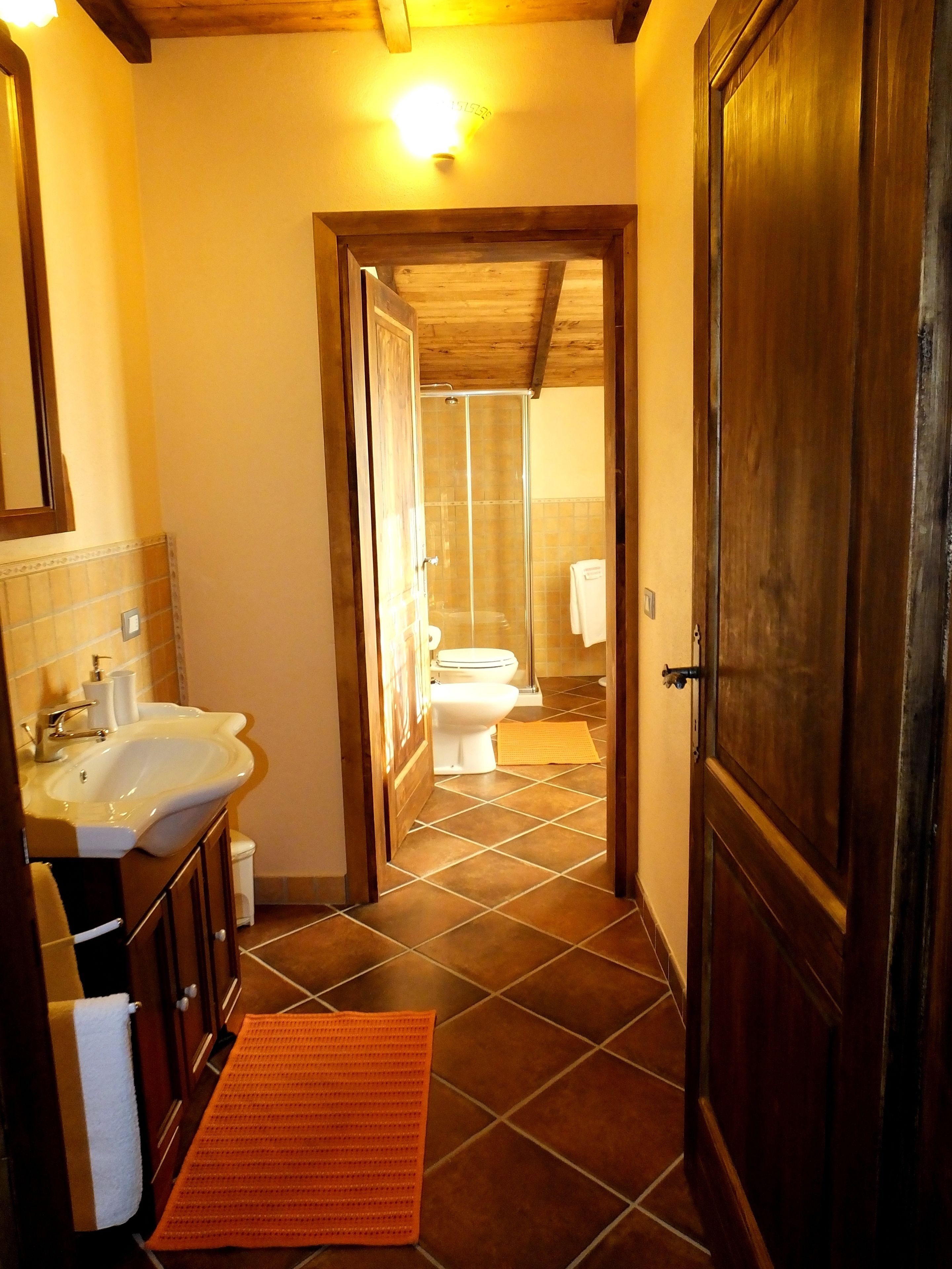 A narrow hallway with a bathroom visible in the background, featuring a toilet and a shower.