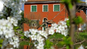 Punainen rakennus, jossa on vihreät ikkunaluukut, sen edessä on lampi ja taivas on kirkas.