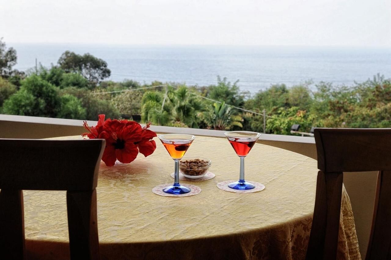 Ein Tisch mit zwei Martini-Gläsern und einer roten Blume, mit Blick auf eine malerische Meerlandschaft.