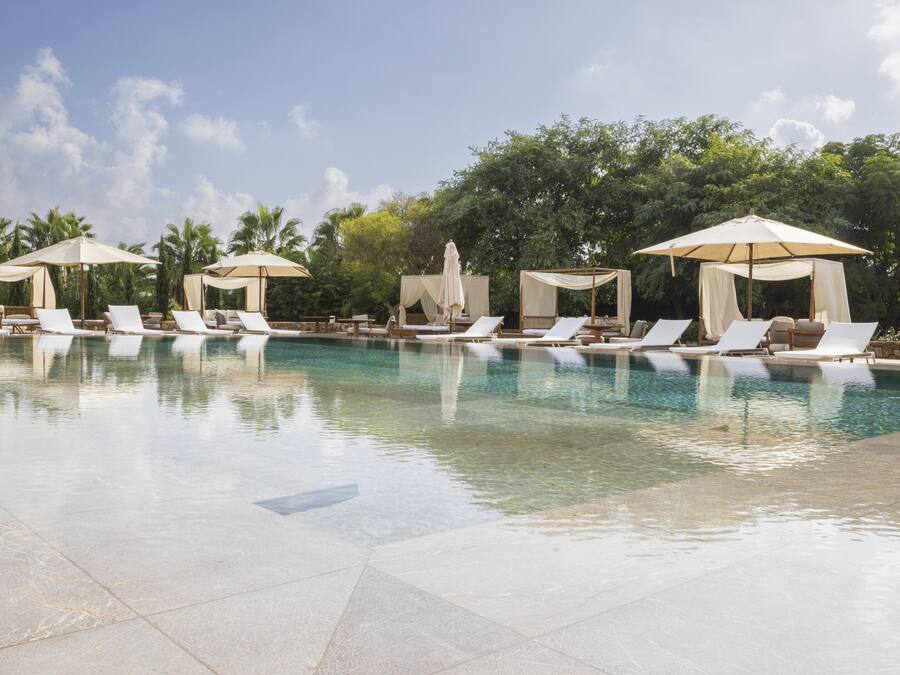 Una piscina al aire libre, sombrillas, sillones reclinables de piscina