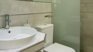 A modern bathroom with a glass shower enclosure, a white sink, and a toilet. - Hostal Met Madrid (Madrid)