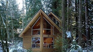 A wooden cabin with a triangular roof, large windows, and surrounded by snow-covered trees. - 04sl- Hot Tub - Bbq - Pets Ok - Sleeps 5 1 Bedroom Home by RedAwning (Deming)