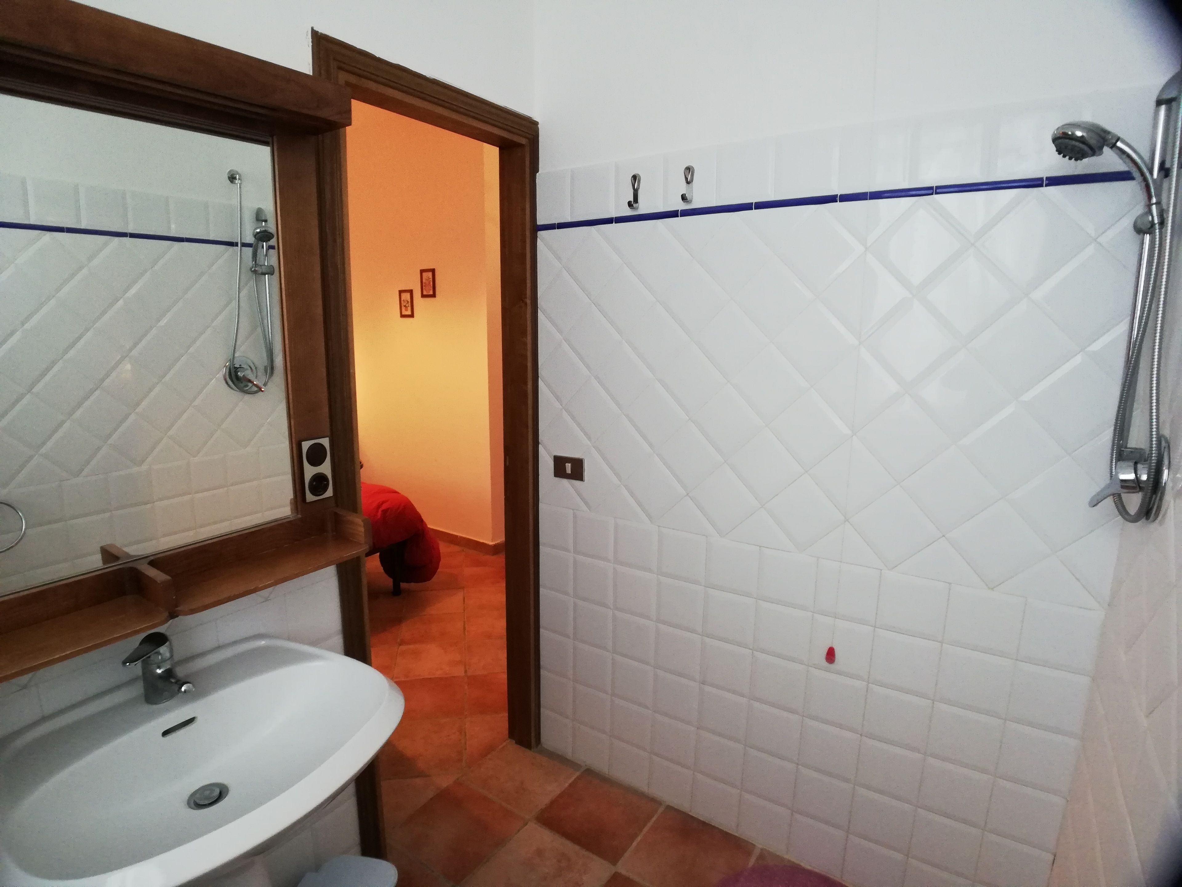 A bathroom with a white sink, a shower with a handheld showerhead, and a door leading to another room.