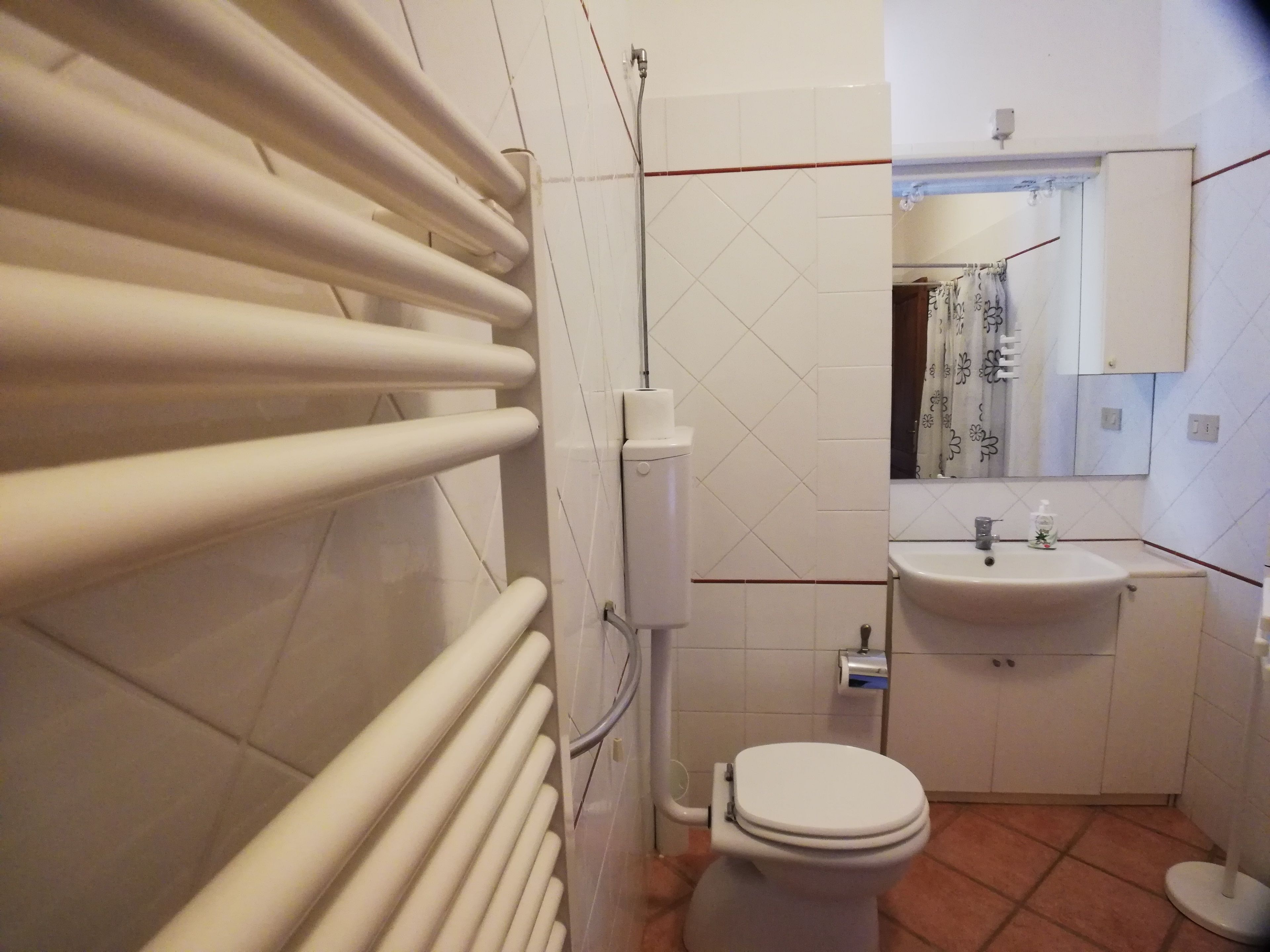 Ein Badezimmer mit Toilette, Waschbecken und Heizkörper.