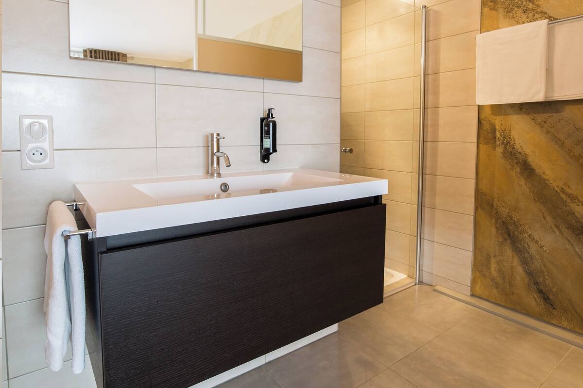 free toiletries, hair dryer, towels, toilet paper